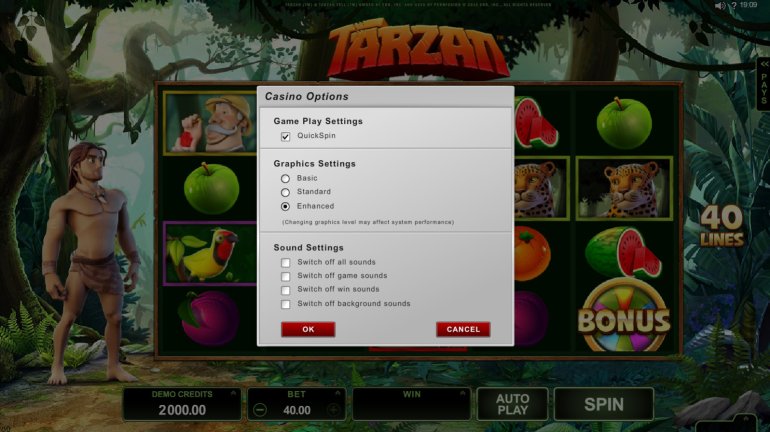 Opzioni della slot Tarzan